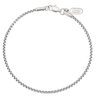 Kennett silver 2mm round box chain bracelet, 19cm, laid in a circle showing the lobster clasp closure