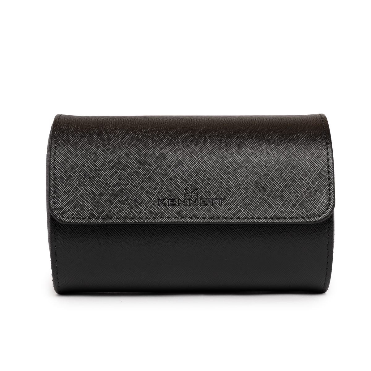 Kennett black Saffiano leather double watch roll, closed, front view with embossed Kennett logo