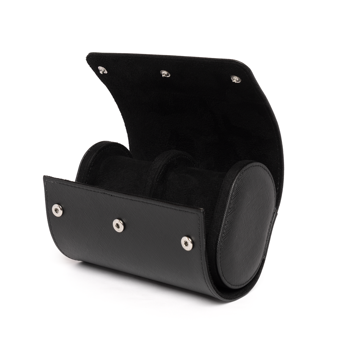 Kennett black Saffiano leather double watch roll open and empty, showing black microfibre suede lining, two watch cushions and press-stud closures
