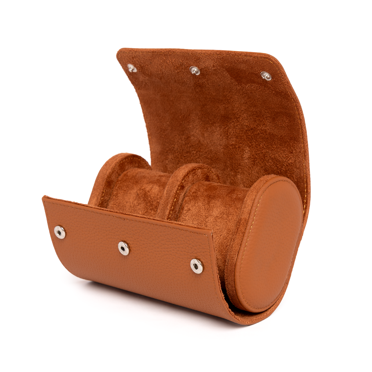 Kennett tan brown leather double watch roll open and empty, showing tan microfibre suede lining, two watch cushions and press-stud closures