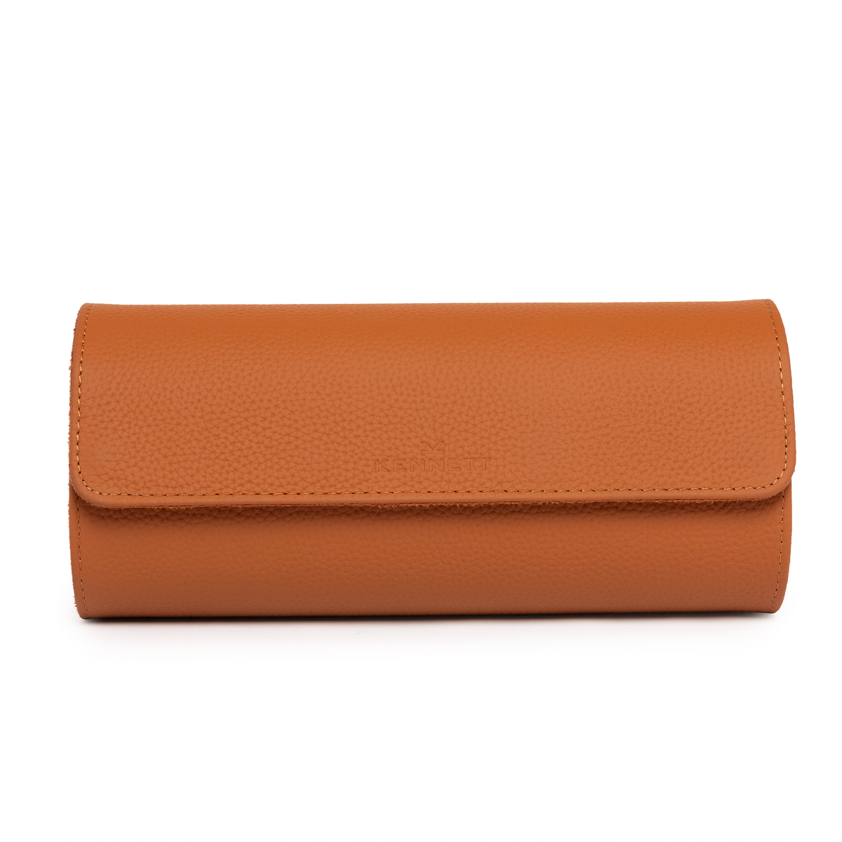 Kennett tan brown pebbled leather three watch roll, closed, front view