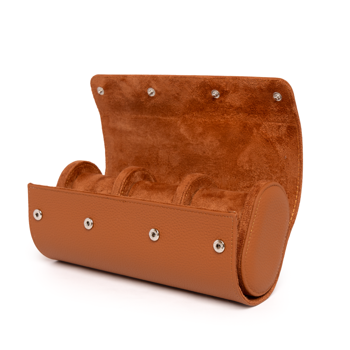 Kennett tan brown leather three watch roll open and empty, showing tan microfibre suede lining, three watch cushions and press-stud closures