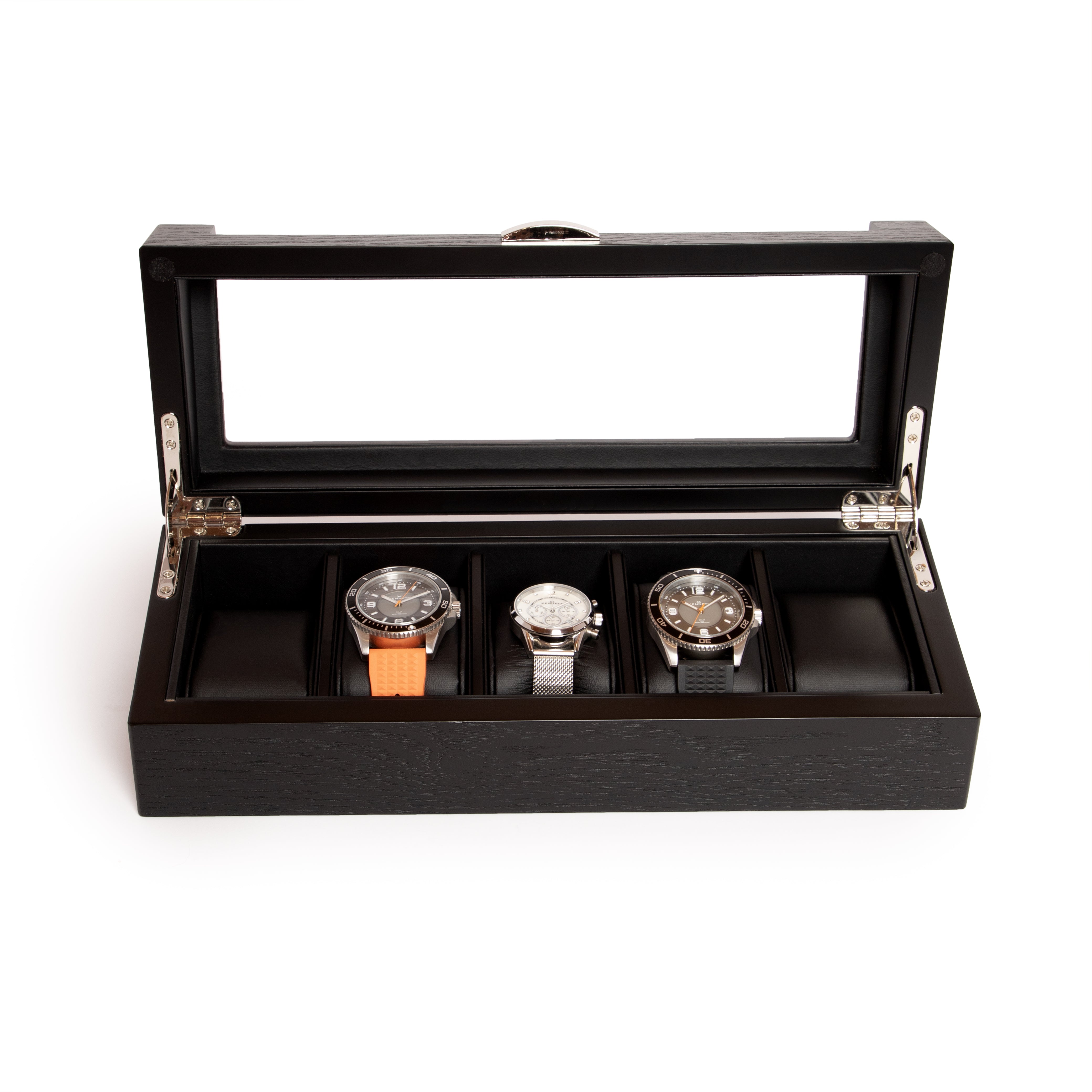 5-Slot Black Matte Wooden Watch Box with Acrylic Window