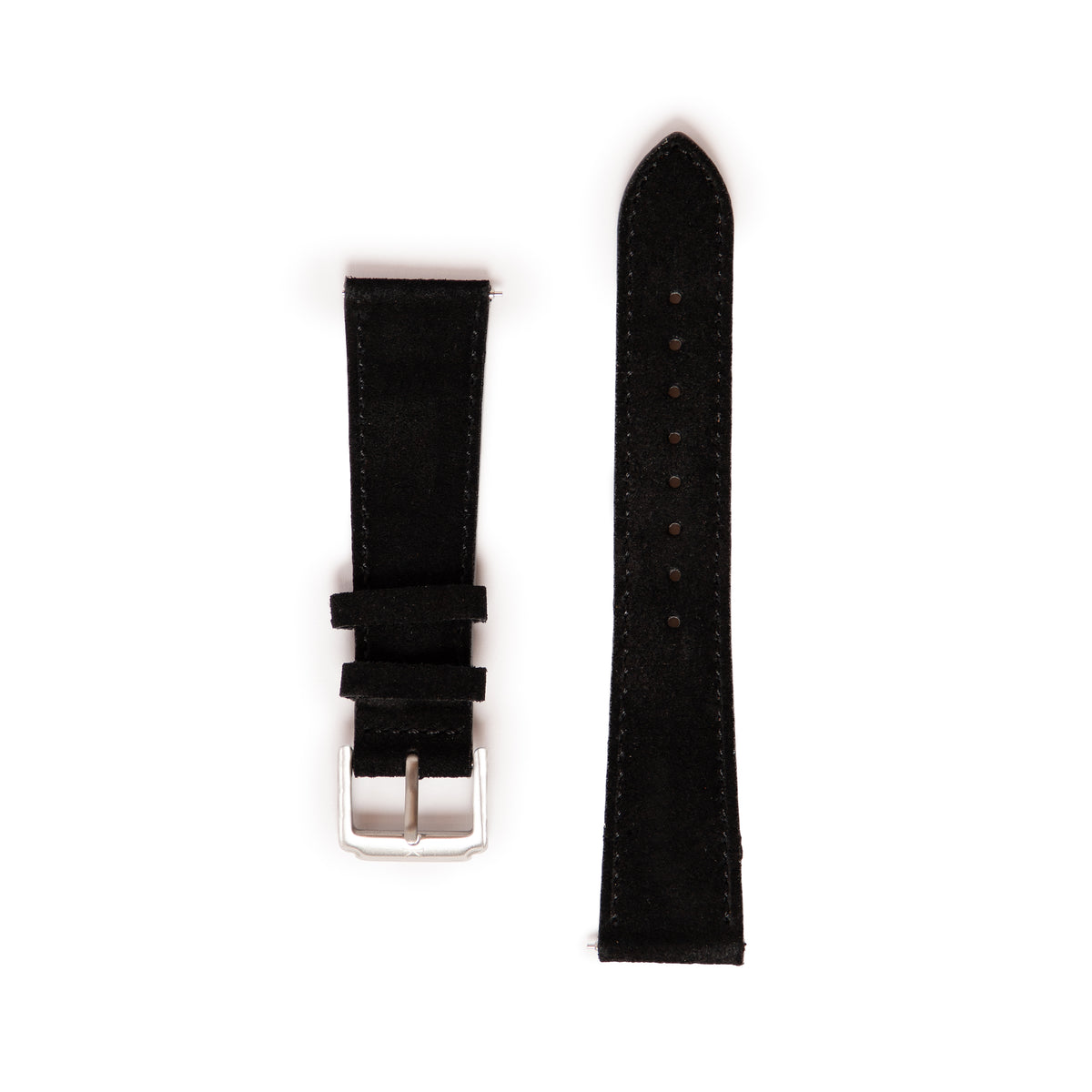 A black watch strap made of textured leather or suede, shown in two pieces: one with a silver-toned metal buckle and the other showing the pin loops and tip, set against a plain white background.