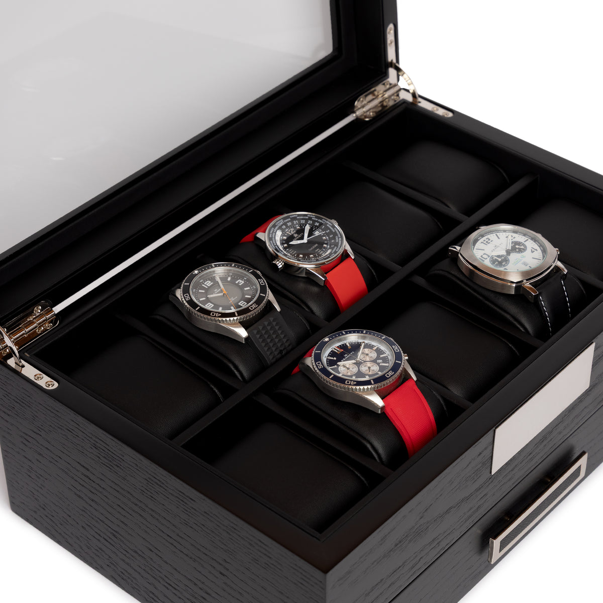 Kennett 10 slot black wooden watch box open, displaying four Kennett watches on rubber and leather straps