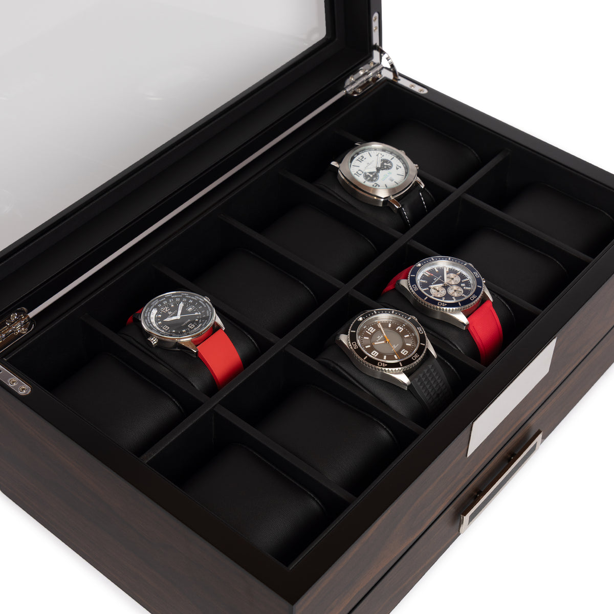 Kennett 12 slot ebony wooden watch box open, displaying four Kennett watches on red and black straps