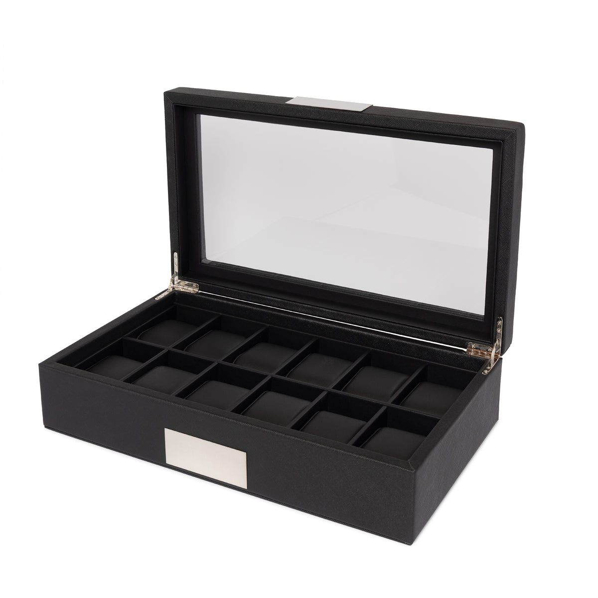 Kennett 12 slot black PU leather watch box open, showing twelve cushioned watch slots and glass-window lid