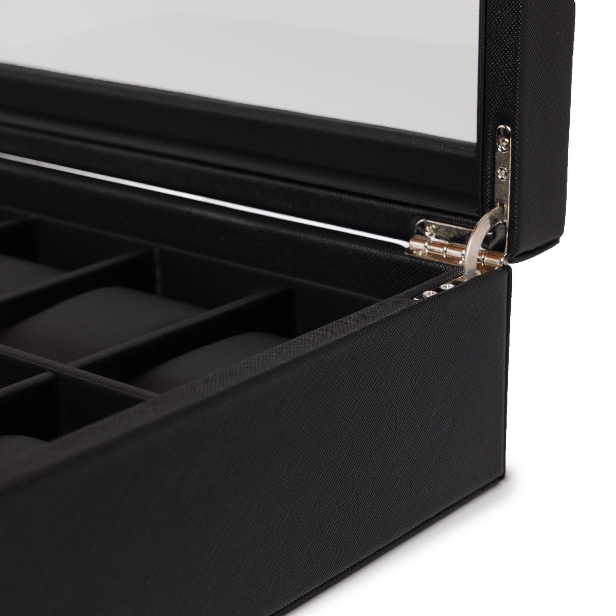 Close-up of the hinge and textured black PU leather finish on the Kennett 12 slot watch box