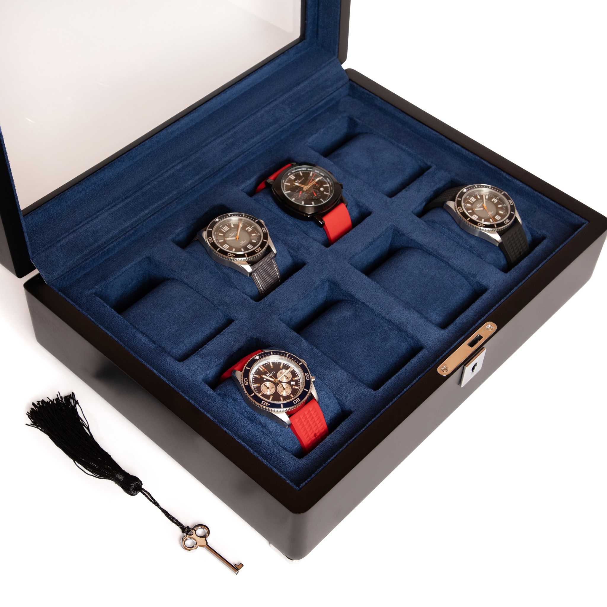 8 Slot Black Wooden Watch Box with Blue Velvet Lining watch boxKennett Great Britain
