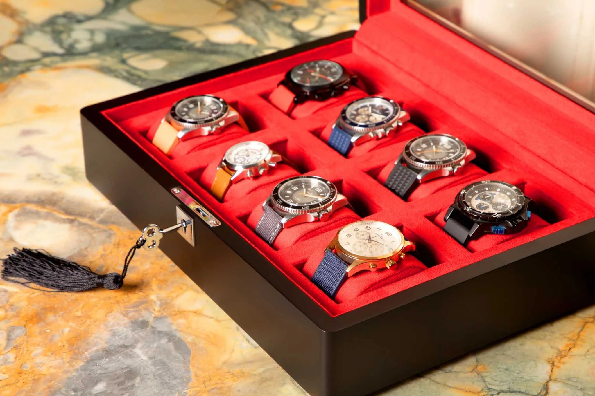 8 Slot Black Wooden Watch Box with Red Velvet Lining watch boxKennett Great Britain