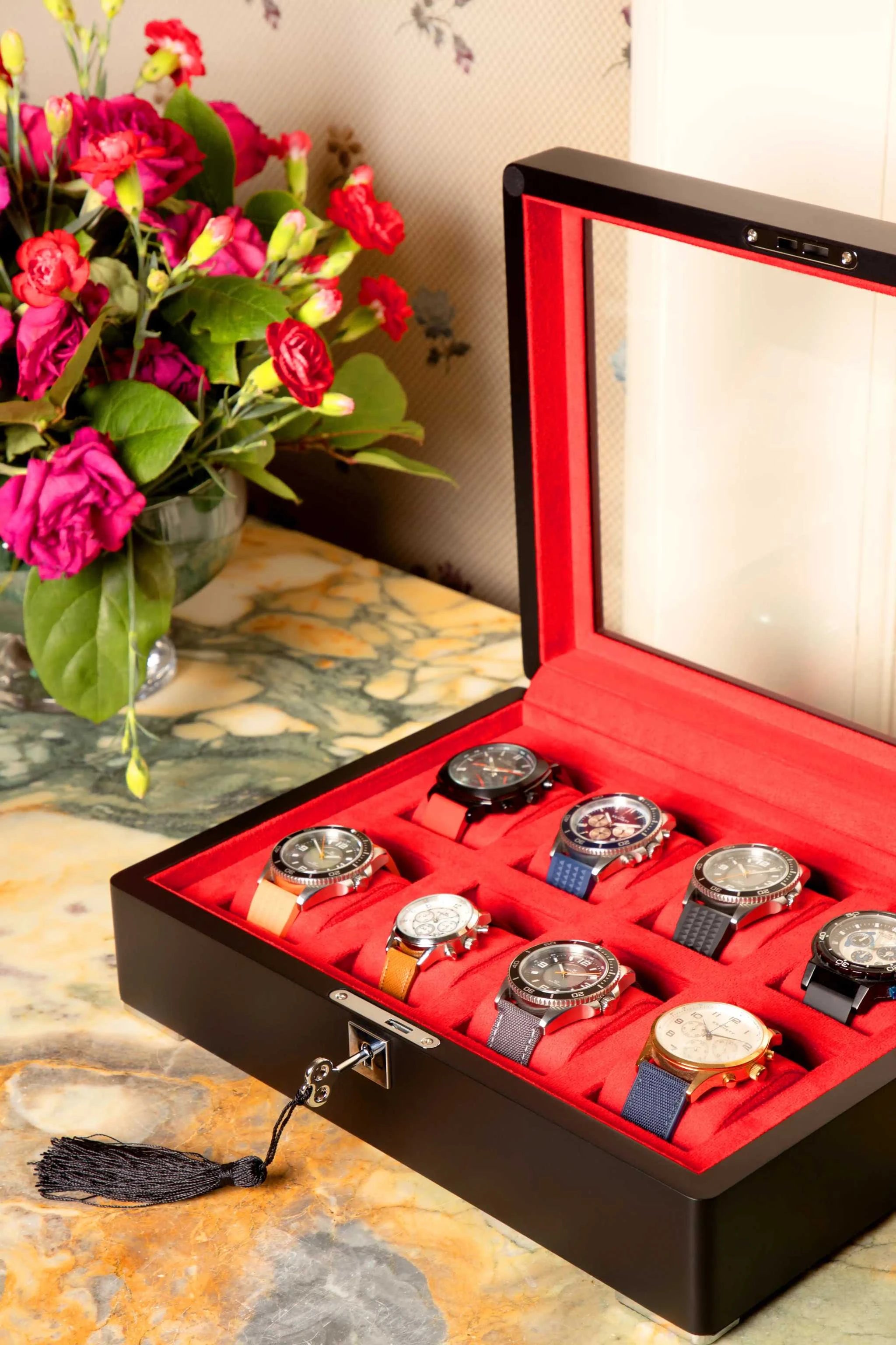 8 Slot Black Wooden Watch Box with Red Velvet Lining watch boxKennett Great Britain