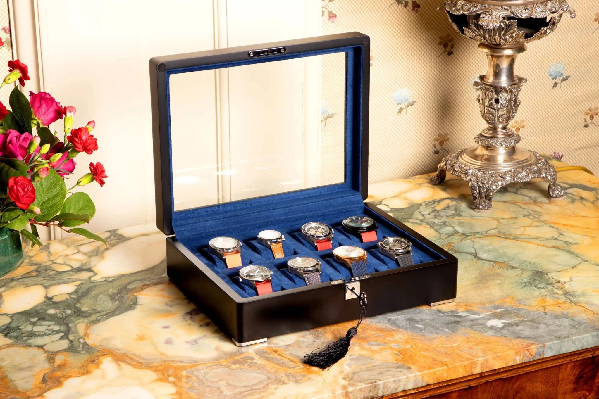 8 Slot Black Wooden Watch Box with Blue Velvet Lining watch boxKennett Great Britain