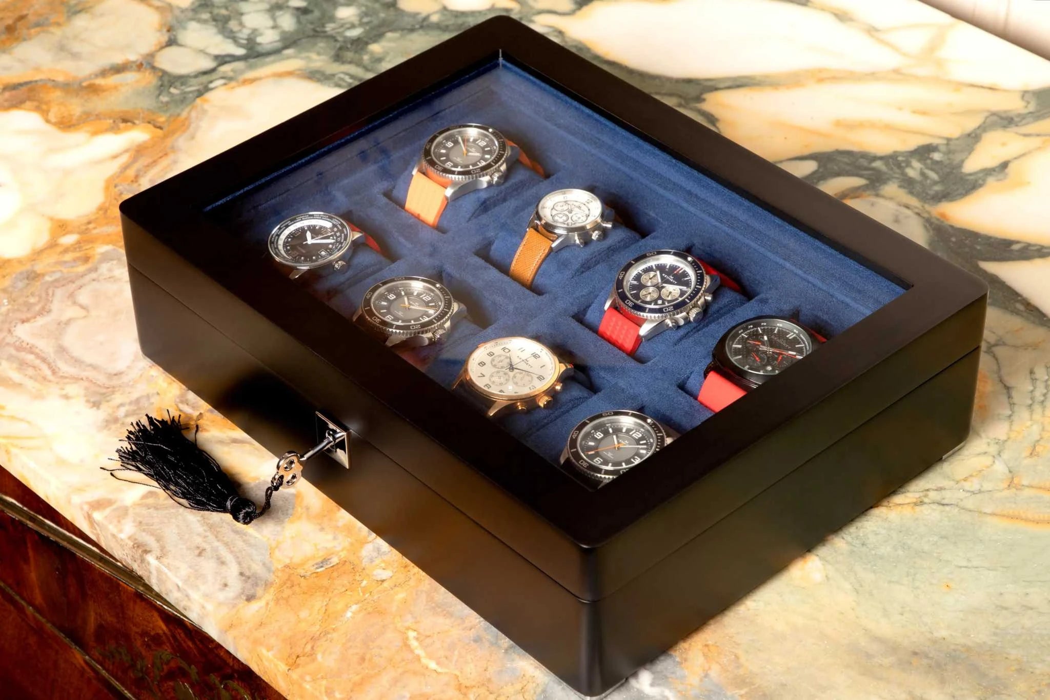 8 Slot Black Wooden Watch Box with Blue Velvet Lining watch boxKennett Great Britain