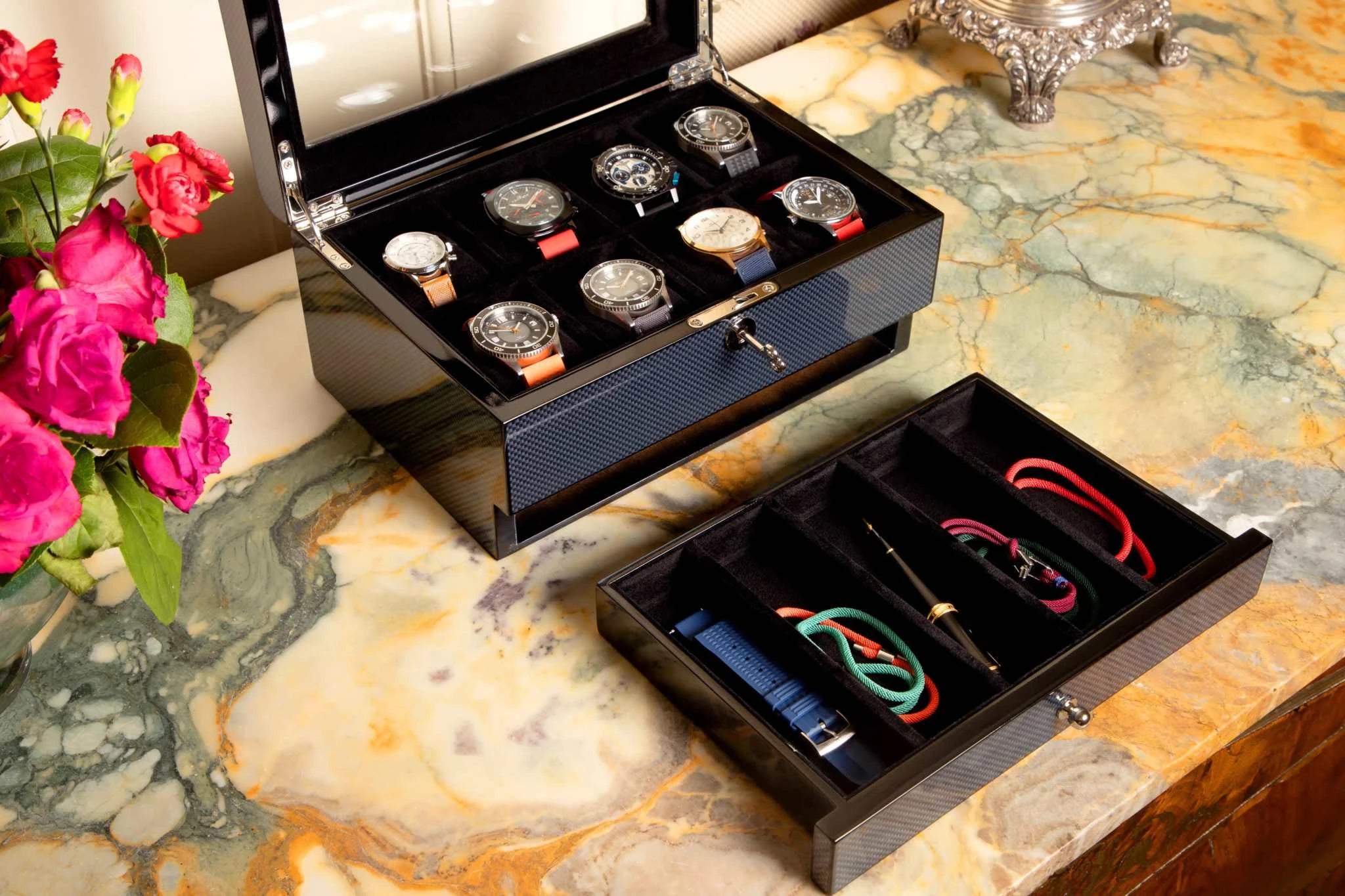 Kennett 8 Watch Box Valet Organiser | Carbon Fibre Storage for Watches & Accessories watch boxKennett Great Britain