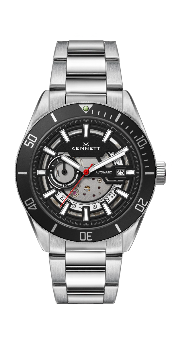 Kennett watch with silver strap and black dial on a white background