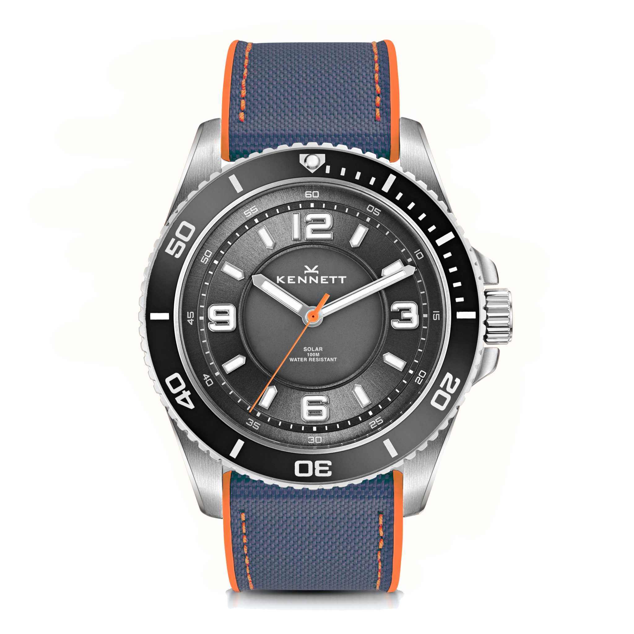 Blue orange Rubber Hybrid Sailcloth Strap on the Kennett Solaxplorer Watch