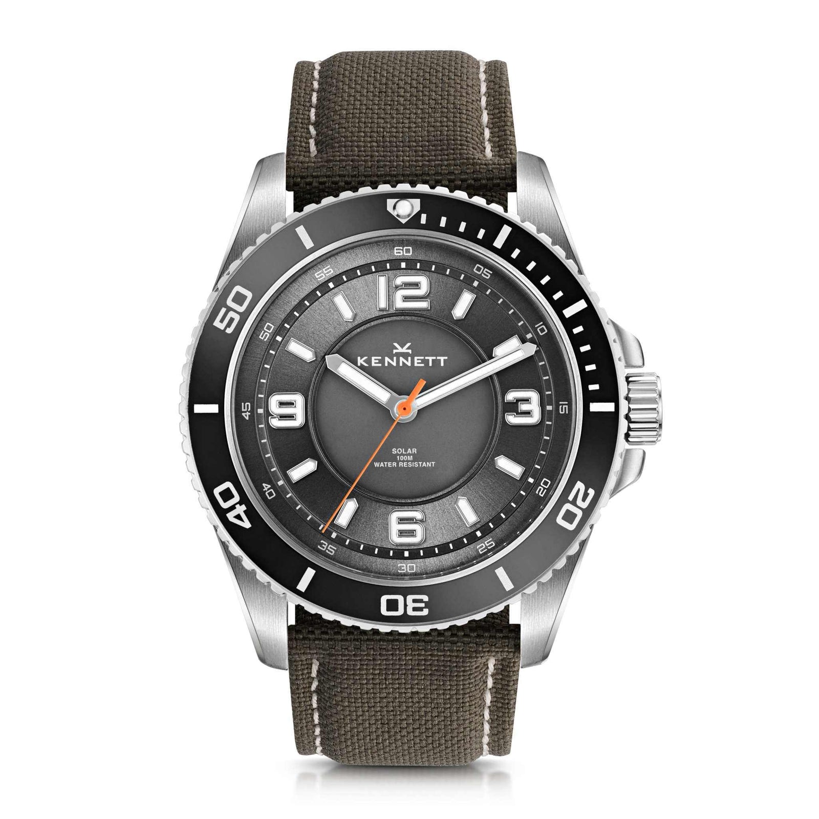 Kennett Solaxplorer Solar Watch features grey dial, green recycled material strap