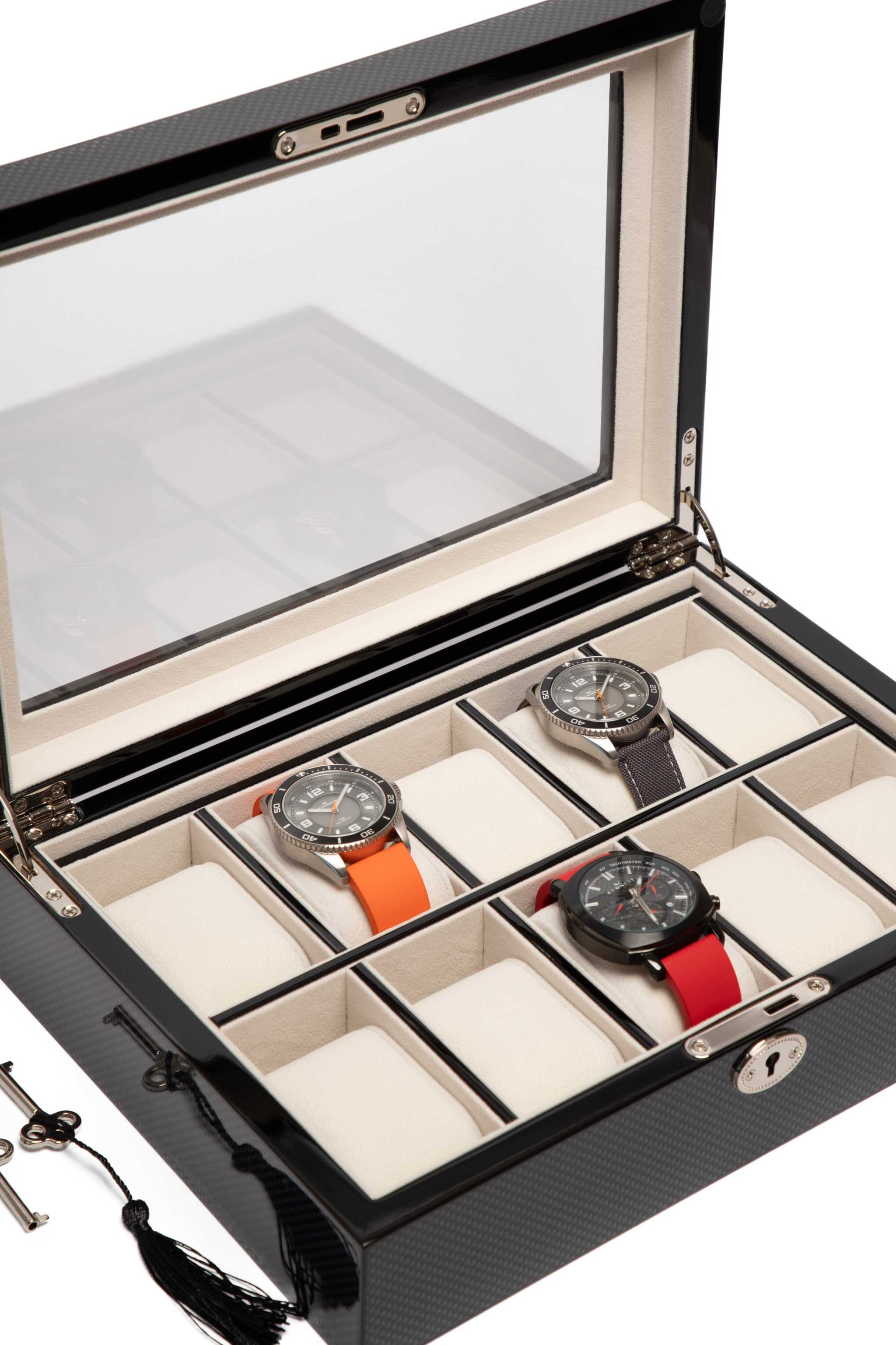 Kennett 10 - Slot Wooden Watch Box – Carbon Fibre Finish Kennett Great Britain
