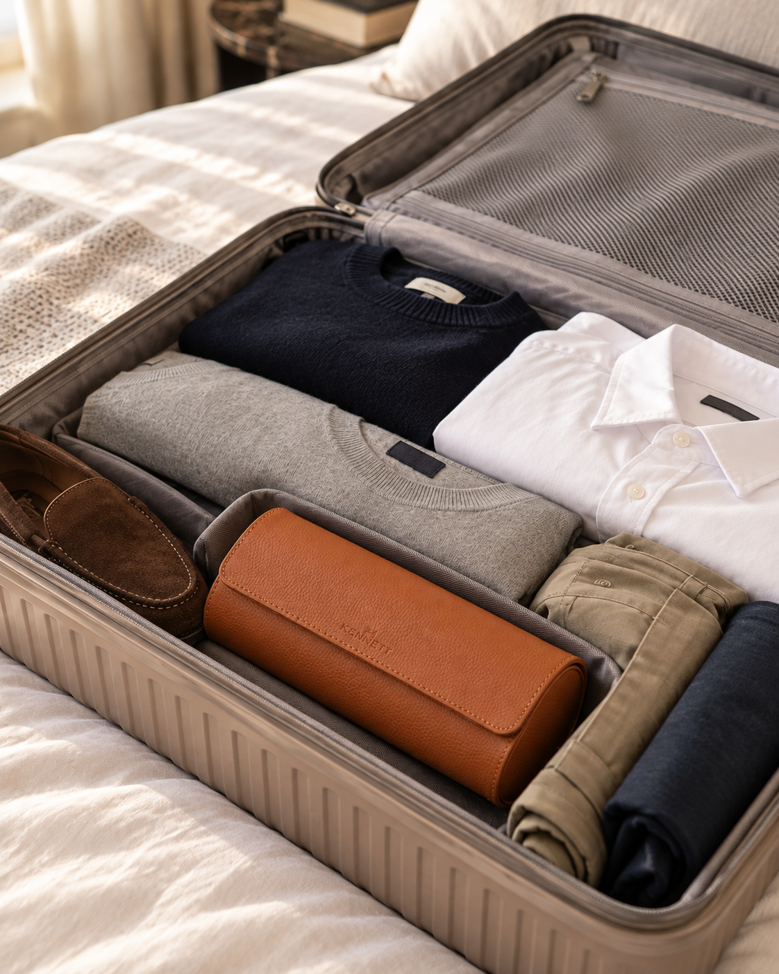 Kennett leather watch case packed inside a luxury suitcase for travel