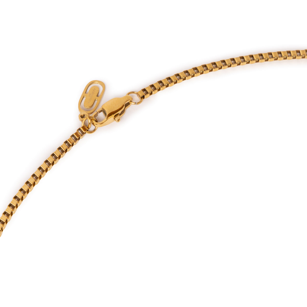 Close-up of the Kennett gold box chain necklace's lobster clasp and branded tag