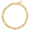 Kennett gold 5mm Figaro chain bracelet, 19cm, laid in a circle showing the lobster clasp closure