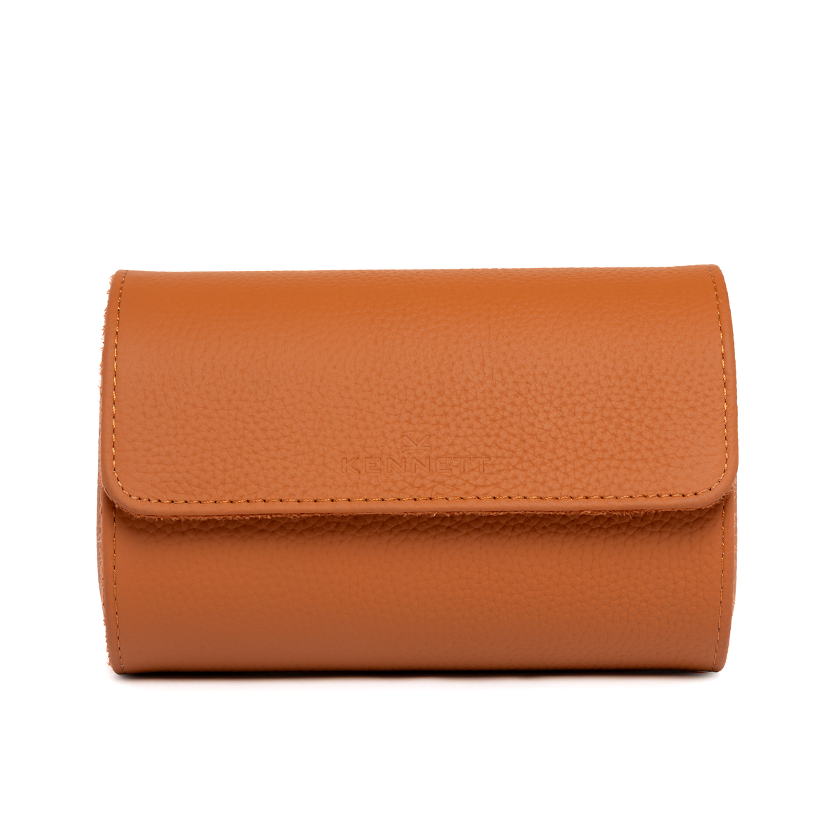 Kennett tan brown pebbled leather double watch roll, closed, front view