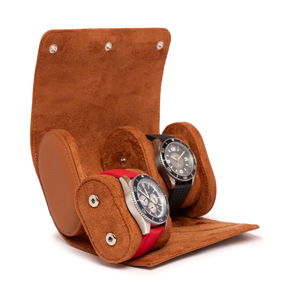 Kennett tan brown leather double watch roll open, holding two watches on red and black straps, one cushion removed