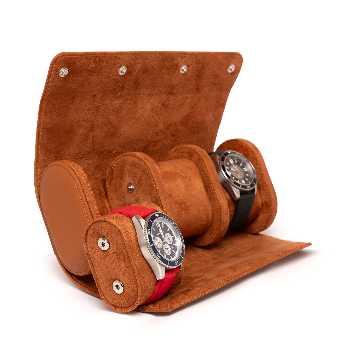 Kennett tan brown leather three watch roll open, holding two watches on red and black straps with one cushion removed