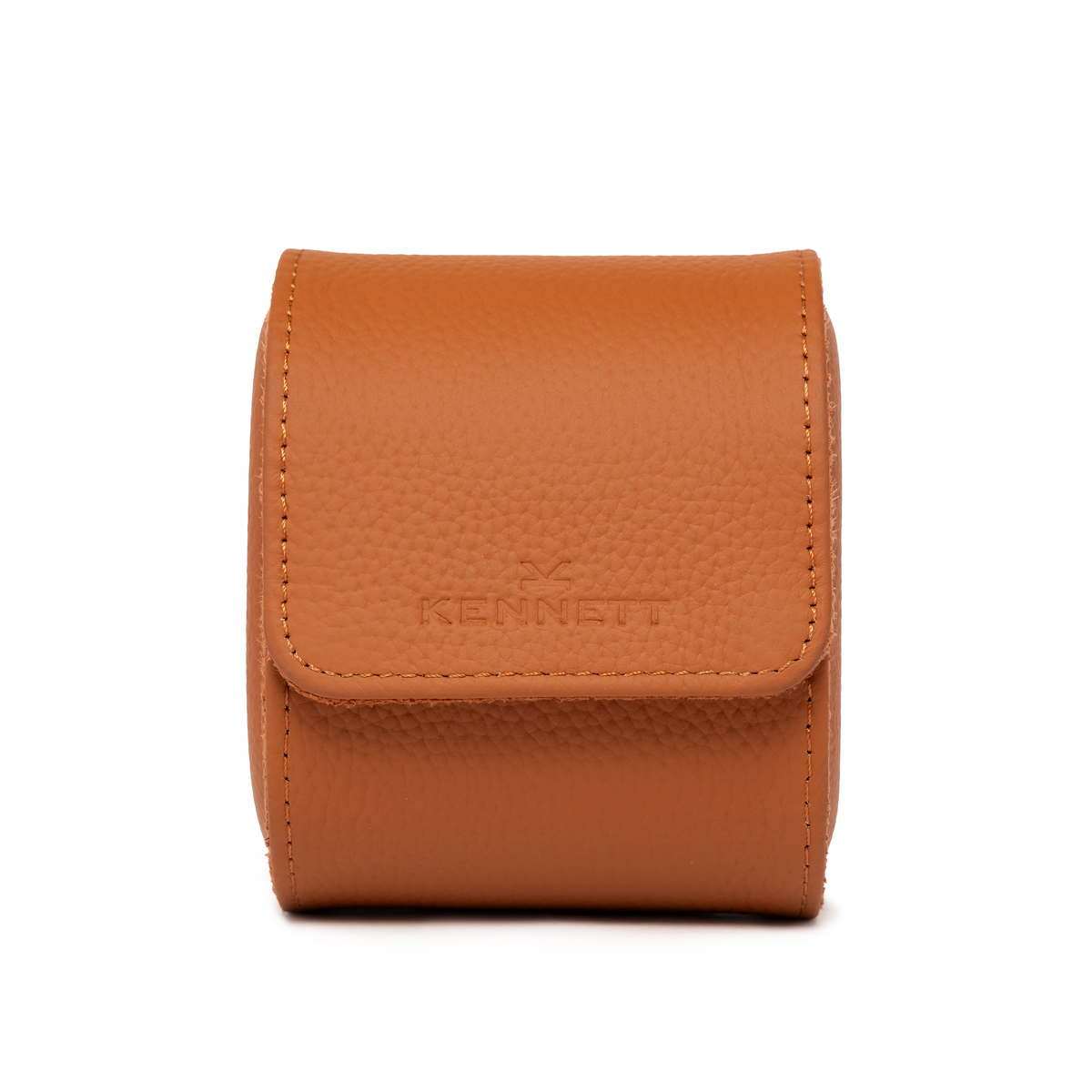 Kennett tan brown pebbled leather single watch roll, closed, front view with embossed Kennett logo