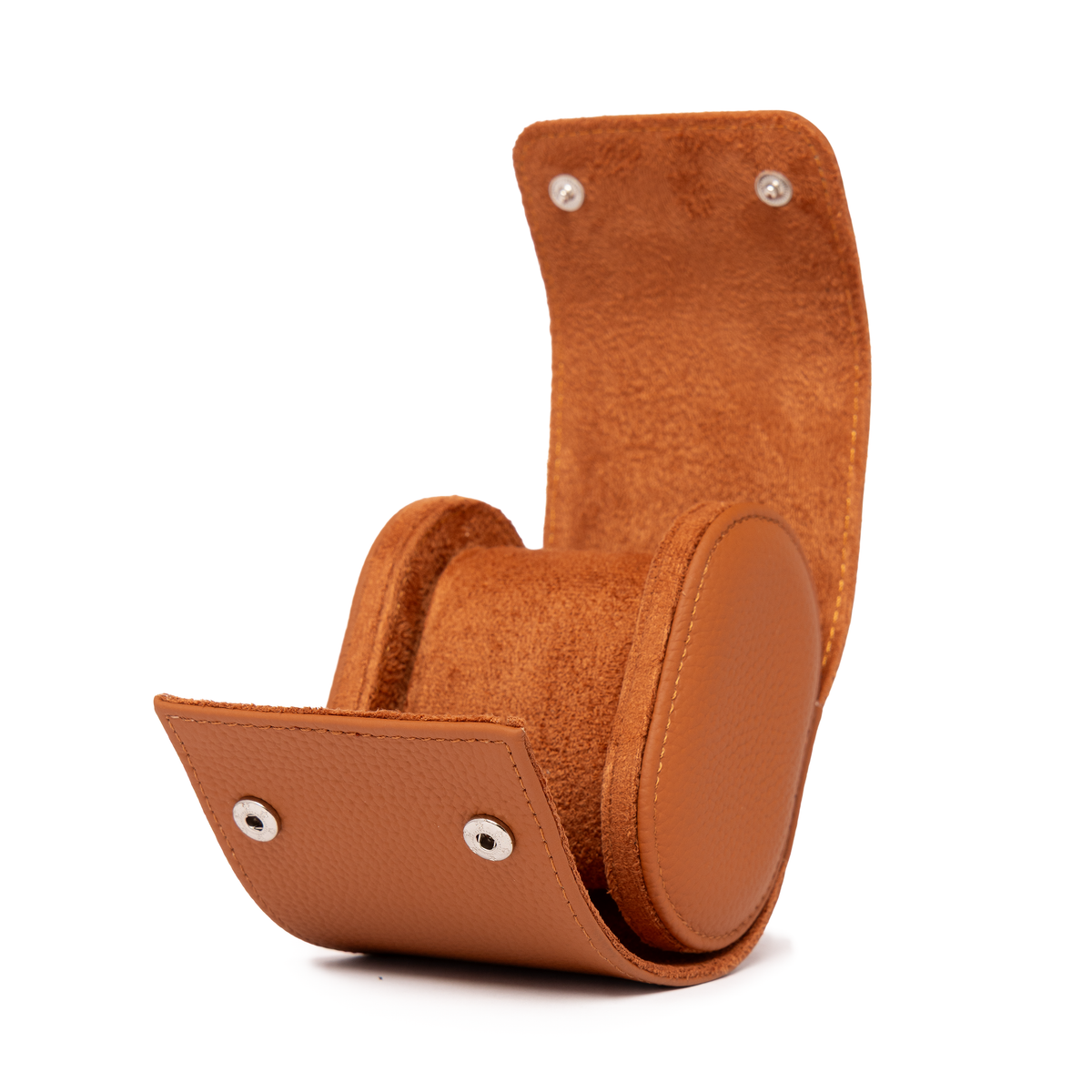 Kennett tan brown leather single watch roll open and empty, showing tan microfibre suede lining and watch cushion with press-stud closure