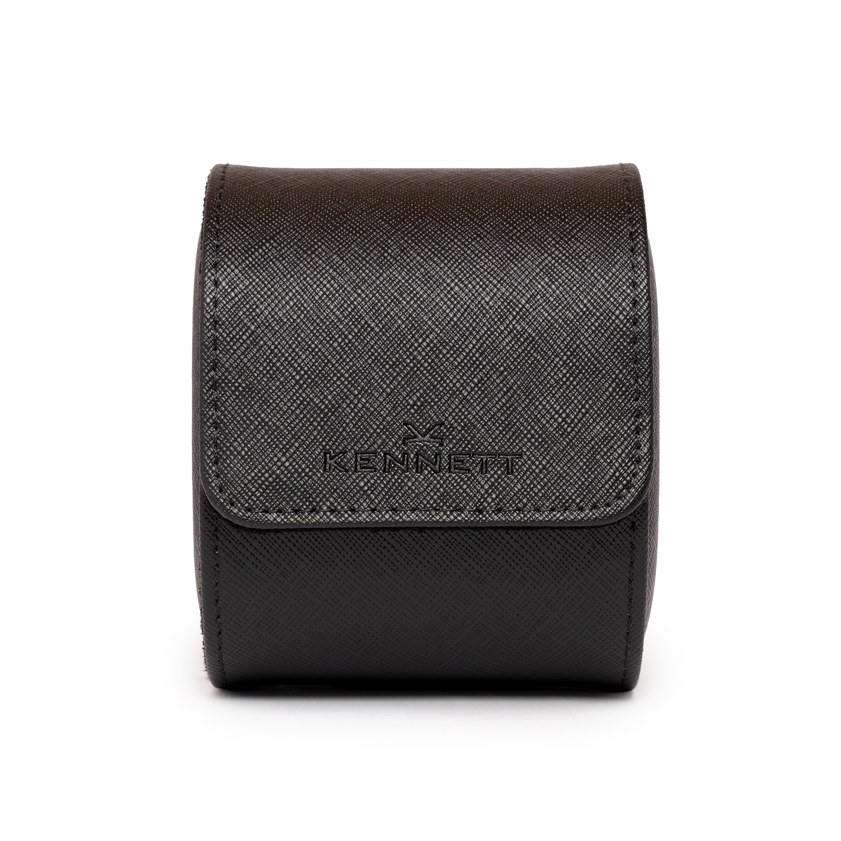 Kennett black Saffiano leather single watch roll, closed, front view with embossed Kennett logo