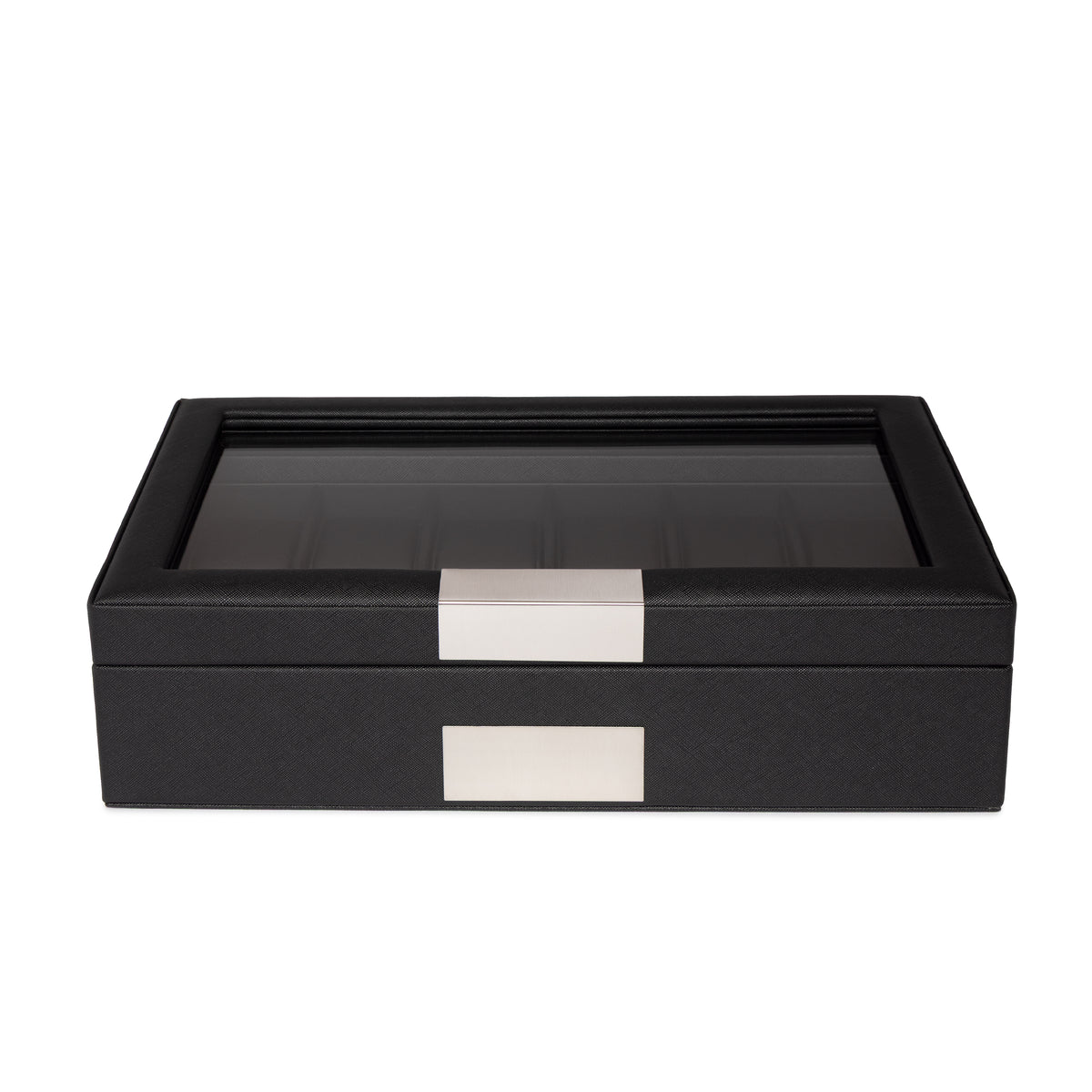 Kennett 12 slot black PU leather watch box with glass window, closed, front view with brushed steel plaque