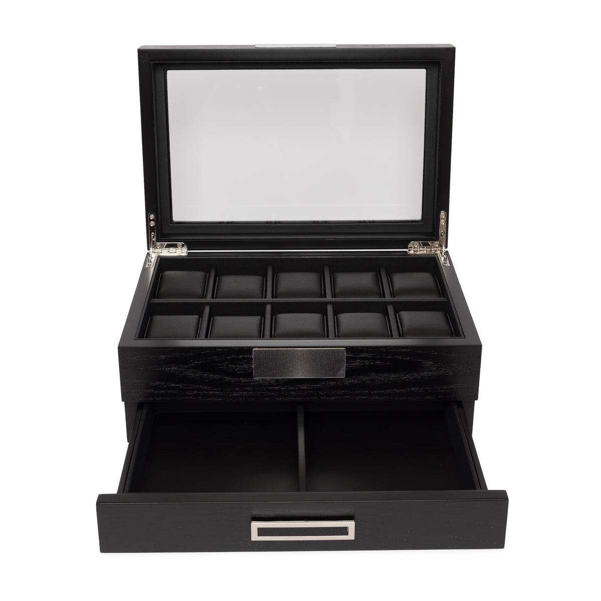 Kennett 10 slot black wooden watch box with drawer, lid open and drawer pulled out showing ten watch slots and accessory compartments