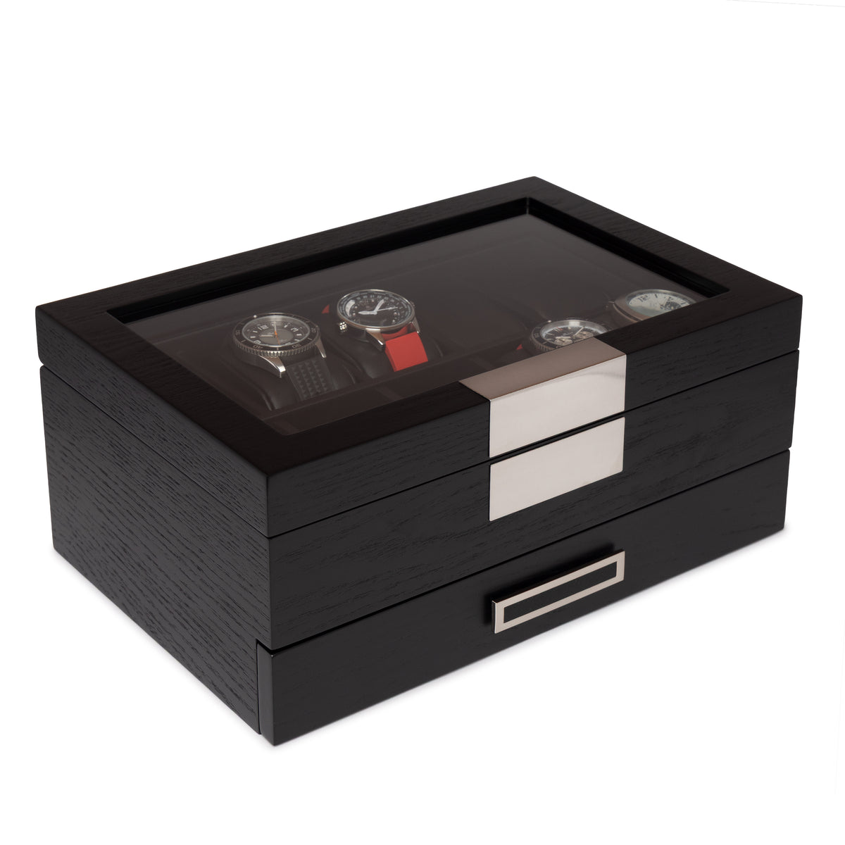 Kennett 10 slot black wooden watch box with drawer, closed, angled view with watches visible through the glass lid