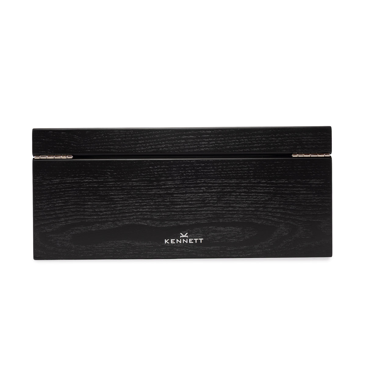Rear of the Kennett 10 slot black wooden watch box showing hinges and Kennett logo