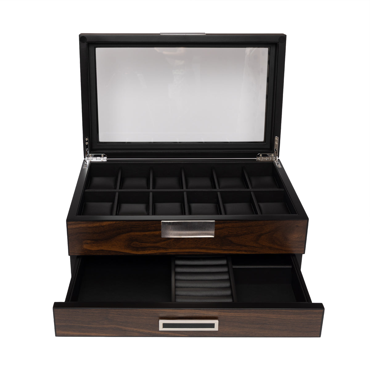 Kennett 12 slot ebony wooden watch box with drawer, lid open and drawer out showing twelve watch slots, ring rolls and storage compartments