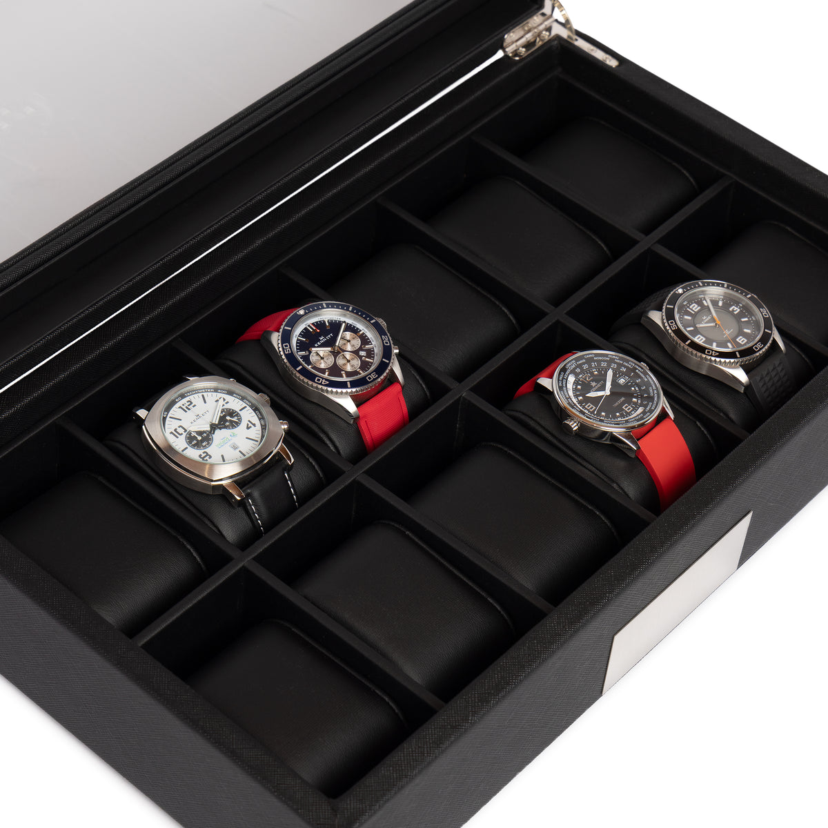 Kennett 12 slot black PU leather watch box open, displaying four Kennett watches on red and black straps