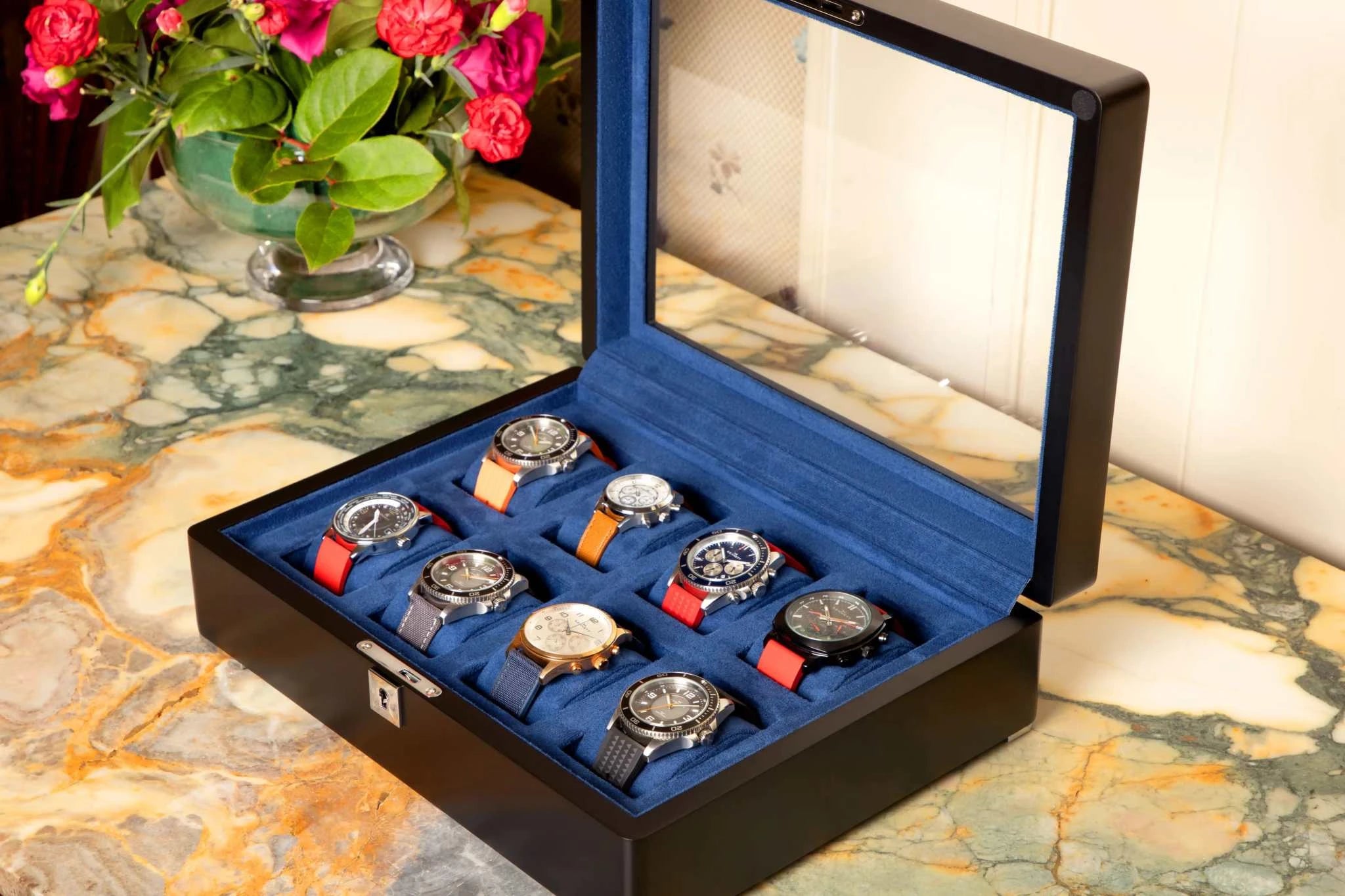 8 Slot Black Wooden Watch Box with Blue Velvet Lining watch boxKennett Great Britain