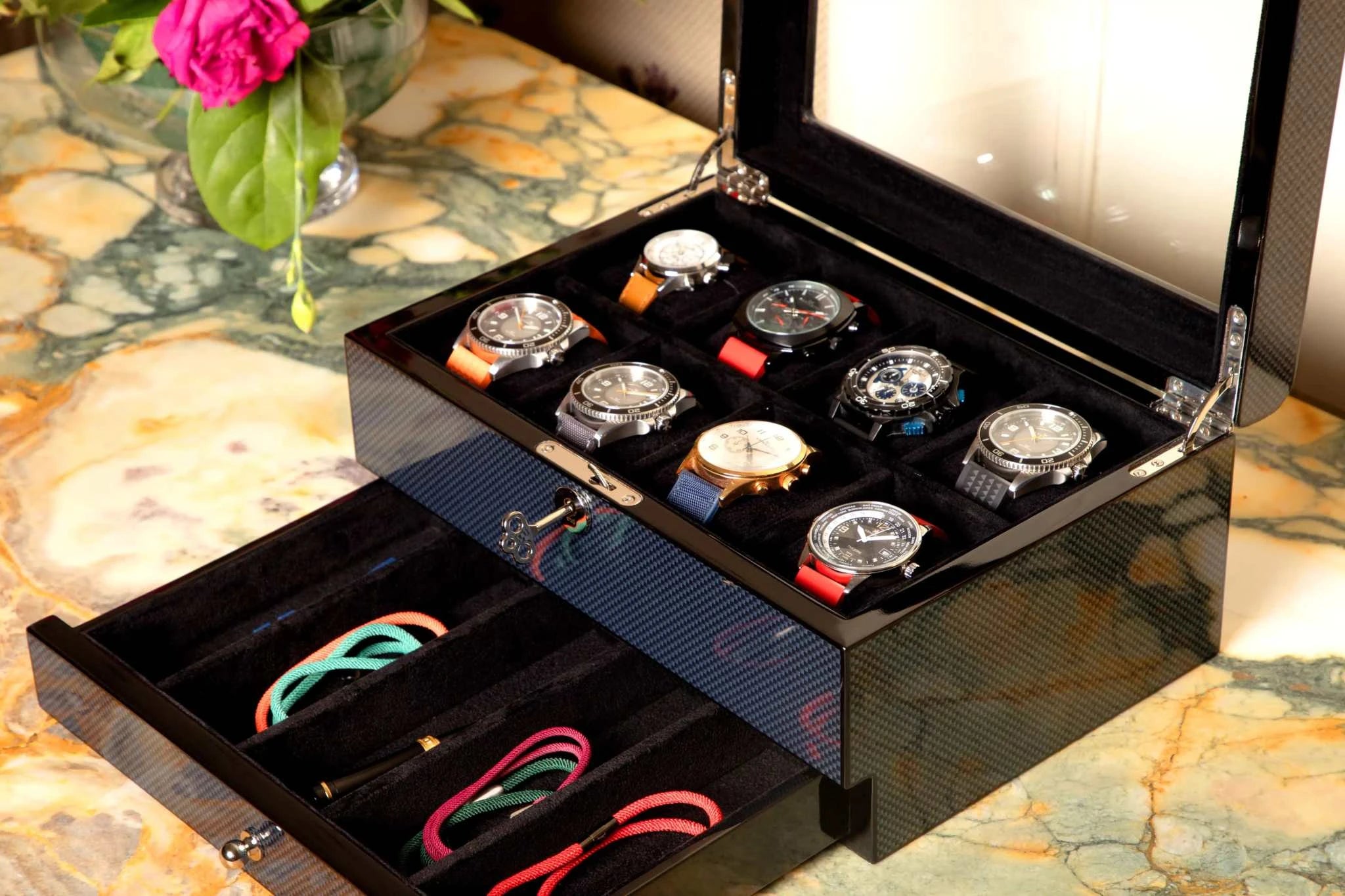 Side shot front of Kennett 8 Watch Box Valet Organiser | Carbon Fibre Storage for Watches & Accessories watch box