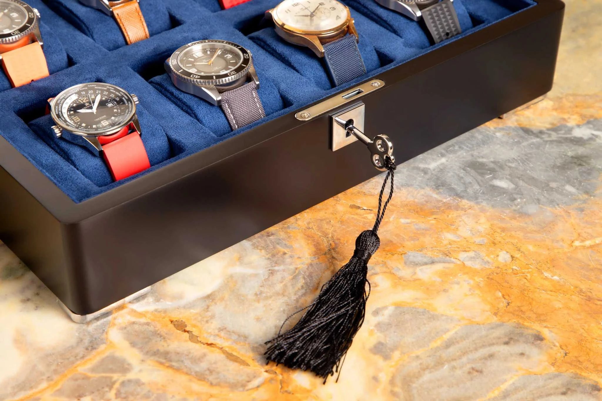 8 Slot Black Wooden Watch Box with Blue Velvet Lining watch boxKennett Great Britain