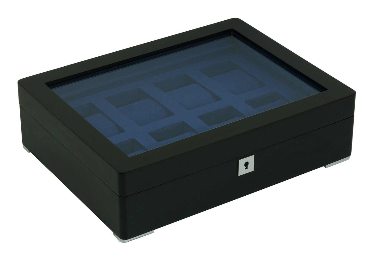 8 Slot Black Wooden Watch Box with Blue Velvet Lining watch boxKennett Great Britain