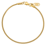 Kennett gold 2mm round box chain bracelet, 19cm, laid in a circle showing the lobster clasp closure