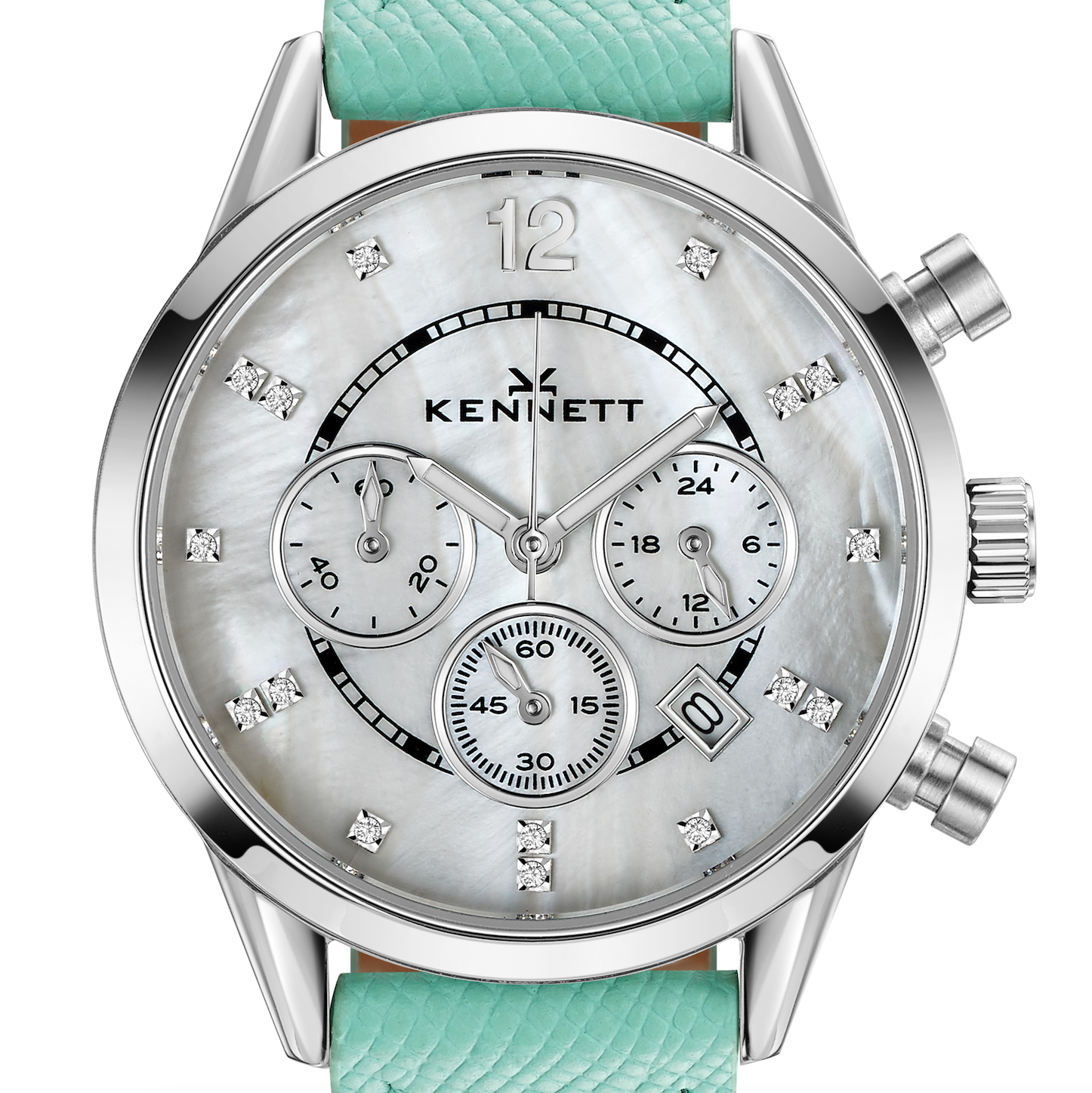 Lady Savro Watch closeup dial shot with crystals and mother of pearl dial.